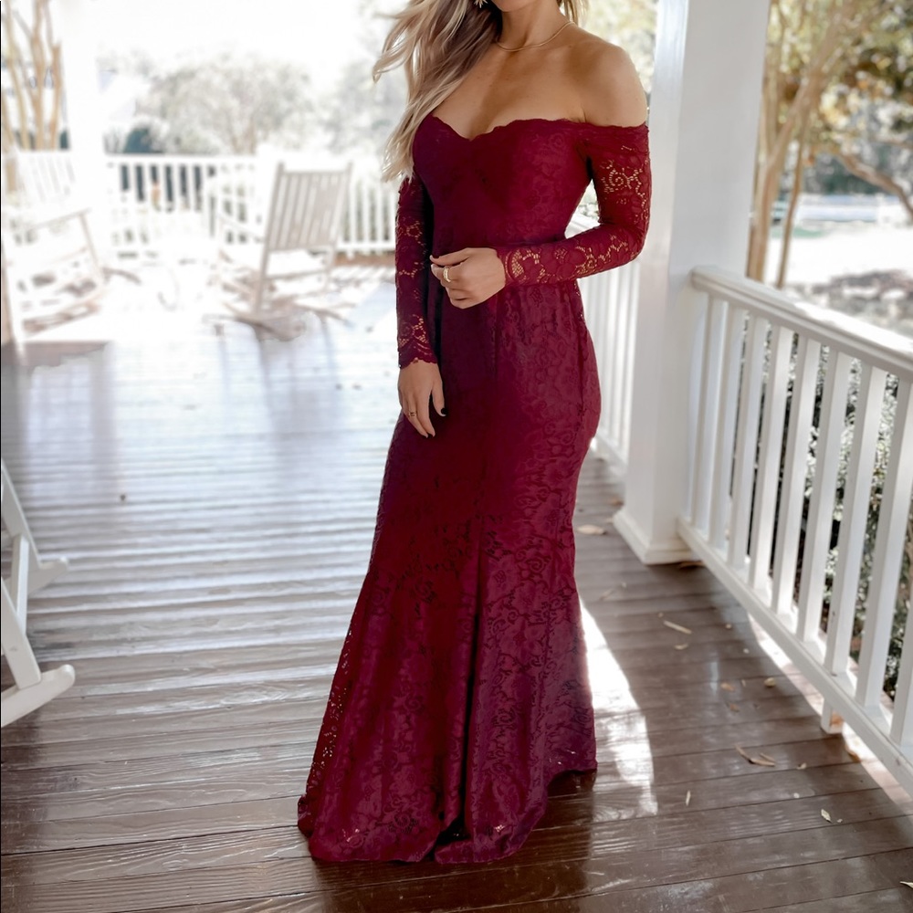 PinkBlush Off Shoulder Lace Formal Gown